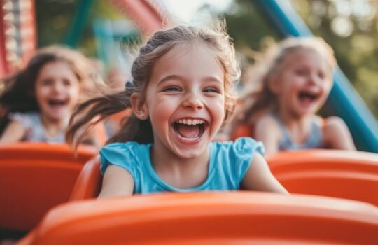 Children enjoying a roller coaster ride.